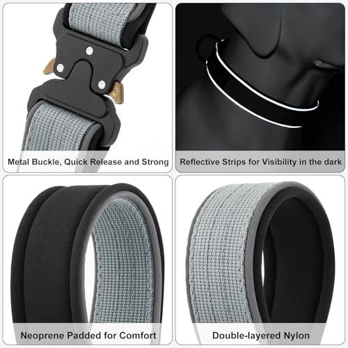 PLUTUS PET Tactical Dog Collar - Heavy Duty Reflective Collar for Small to Large Dogs (Gray, XL)