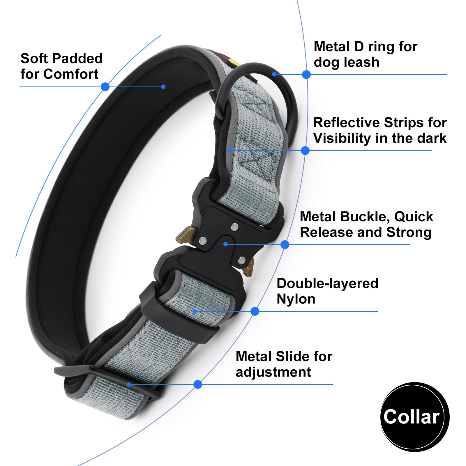PLUTUS PET Tactical Dog Collar - Heavy Duty Reflective Collar for Small to Large Dogs (Gray, XL)