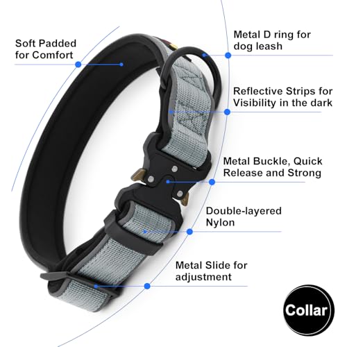 PLUTUS PET Tactical Dog Collar - Heavy Duty Reflective Collar for Small to Large Dogs (Gray, XL)