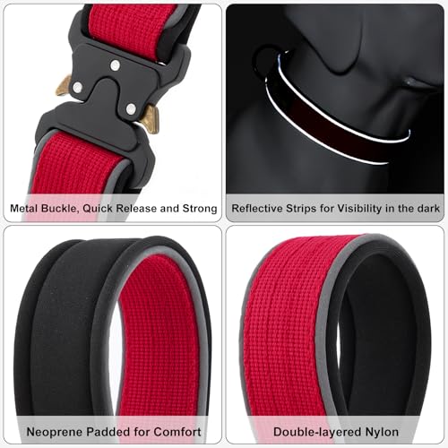 Plutus Pet Tactical Dog Collar - Reflective, Adjustable, Heavy Duty Nylon with Neoprene Padding (Red, Size S)