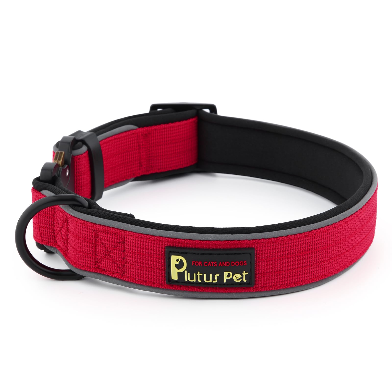 Plutus Pet Tactical Dog Collar - Reflective, Adjustable, Heavy Duty Nylon with Neoprene Padding (Red, Size S)