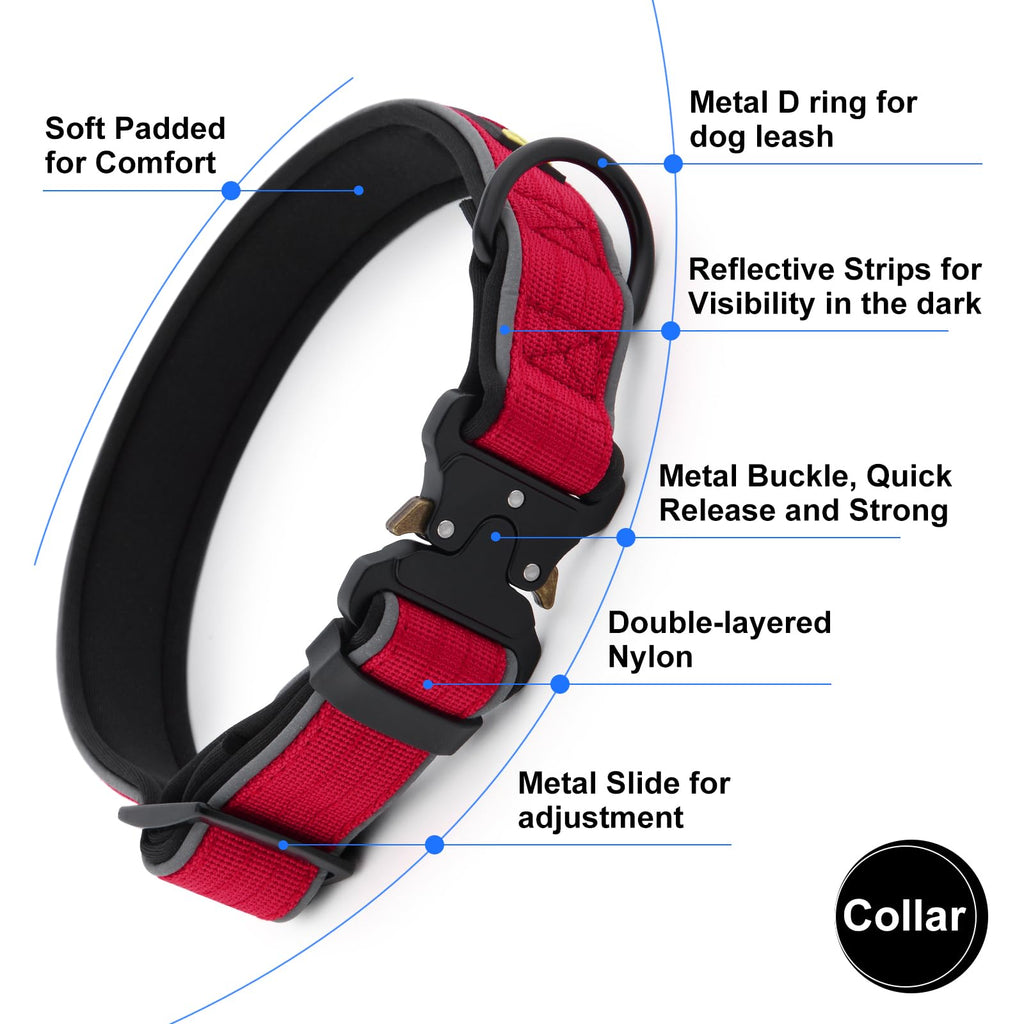 Plutus Pet Tactical Dog Collar - Reflective, Adjustable, Heavy Duty Nylon with Neoprene Padding (Red, Size S)