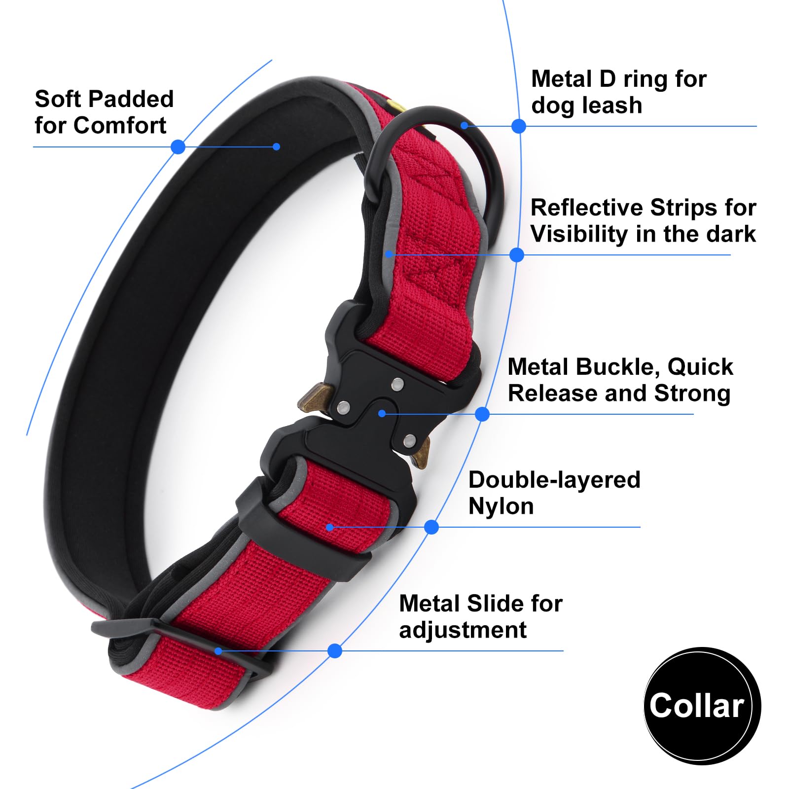 Plutus Pet Tactical Dog Collar - Reflective, Adjustable, Heavy Duty Nylon with Neoprene Padding (Red, Size S)