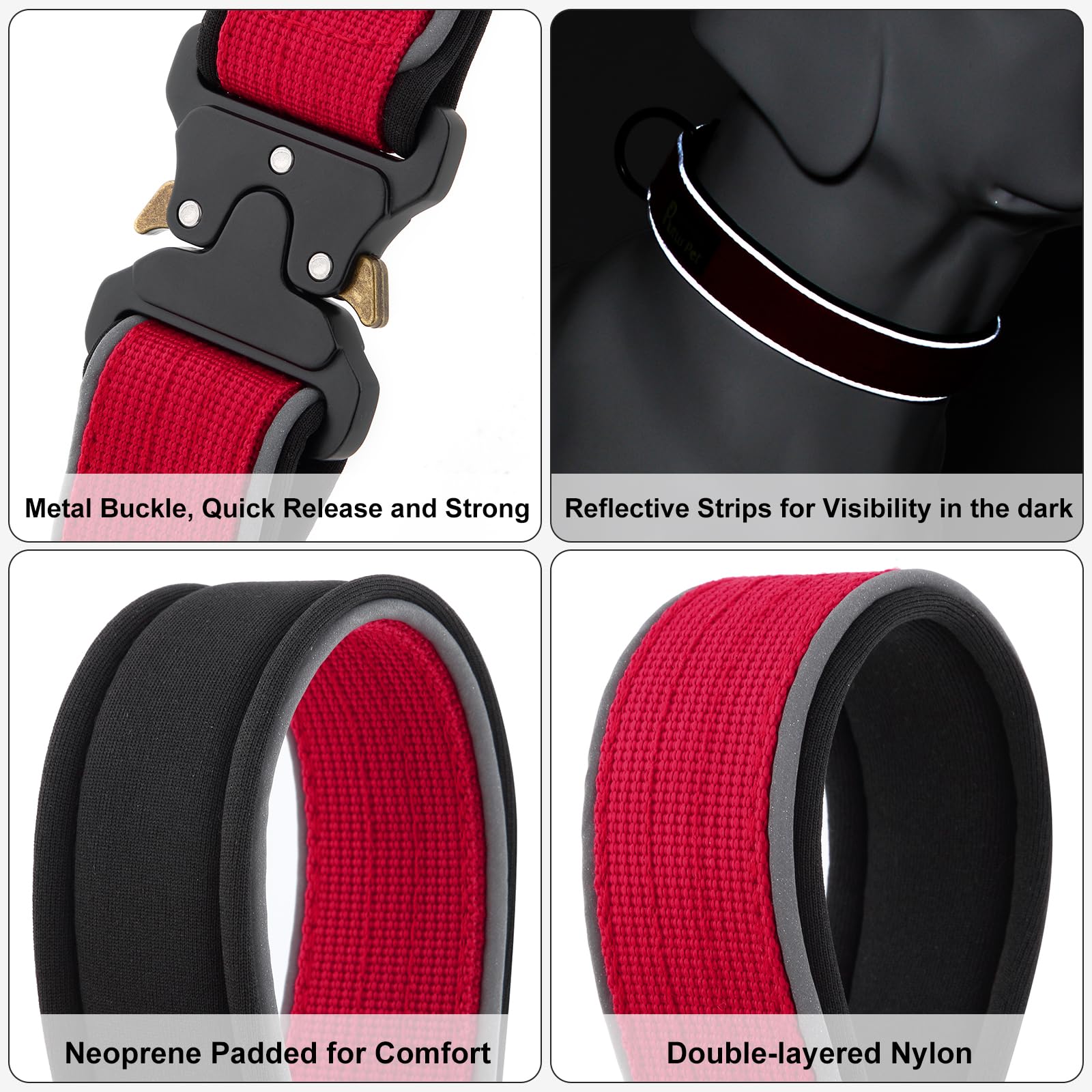 Plutus Pet Tactical Dog Collar - Reflective, Adjustable, Heavy Duty Nylon with Neoprene Padding (Red, Size S)