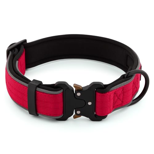 Plutus Pet Tactical Dog Collar - Reflective, Adjustable, Heavy Duty Nylon with Neoprene Padding (Red, Size S)