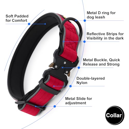 Plutus Pet Tactical Dog Collar - Reflective, Adjustable, Heavy Duty Nylon with Neoprene Padding (Red, Size S)