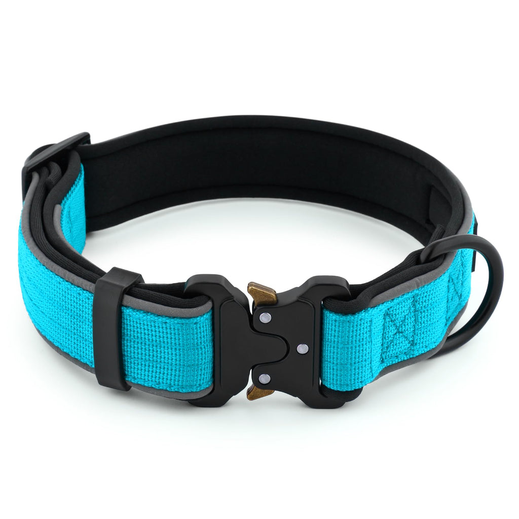 Plutus Pet Tactical Dog Collar - Reflective, Padded, Adjustable Nylon Collar for Small to Large Dogs (Cyan, Size L)