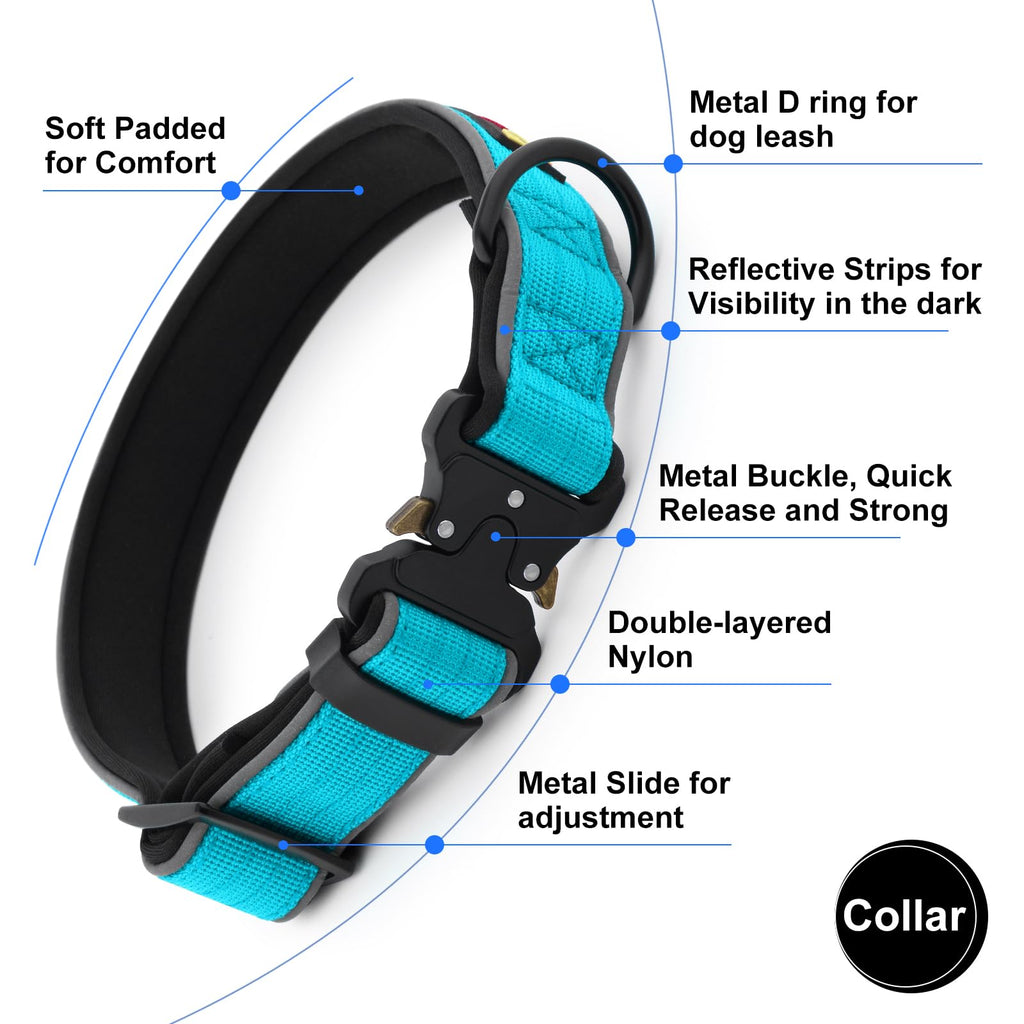 Plutus Pet Tactical Dog Collar - Reflective, Padded, Adjustable Nylon Collar for Small to Large Dogs (Cyan, Size L)