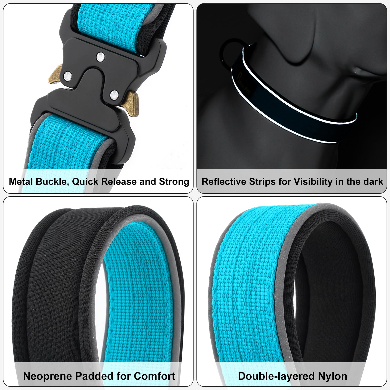 Plutus Pet Tactical Dog Collar - Reflective, Padded, Adjustable Nylon Collar for Small to Large Dogs (Cyan, Size L)