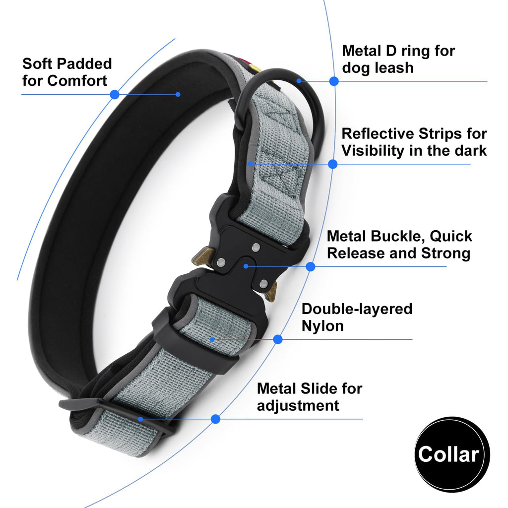 Plutus Pet Tactical Dog Collar – Reflective, Padded, Adjustable for Small to Large Dogs (Gray, Size S)