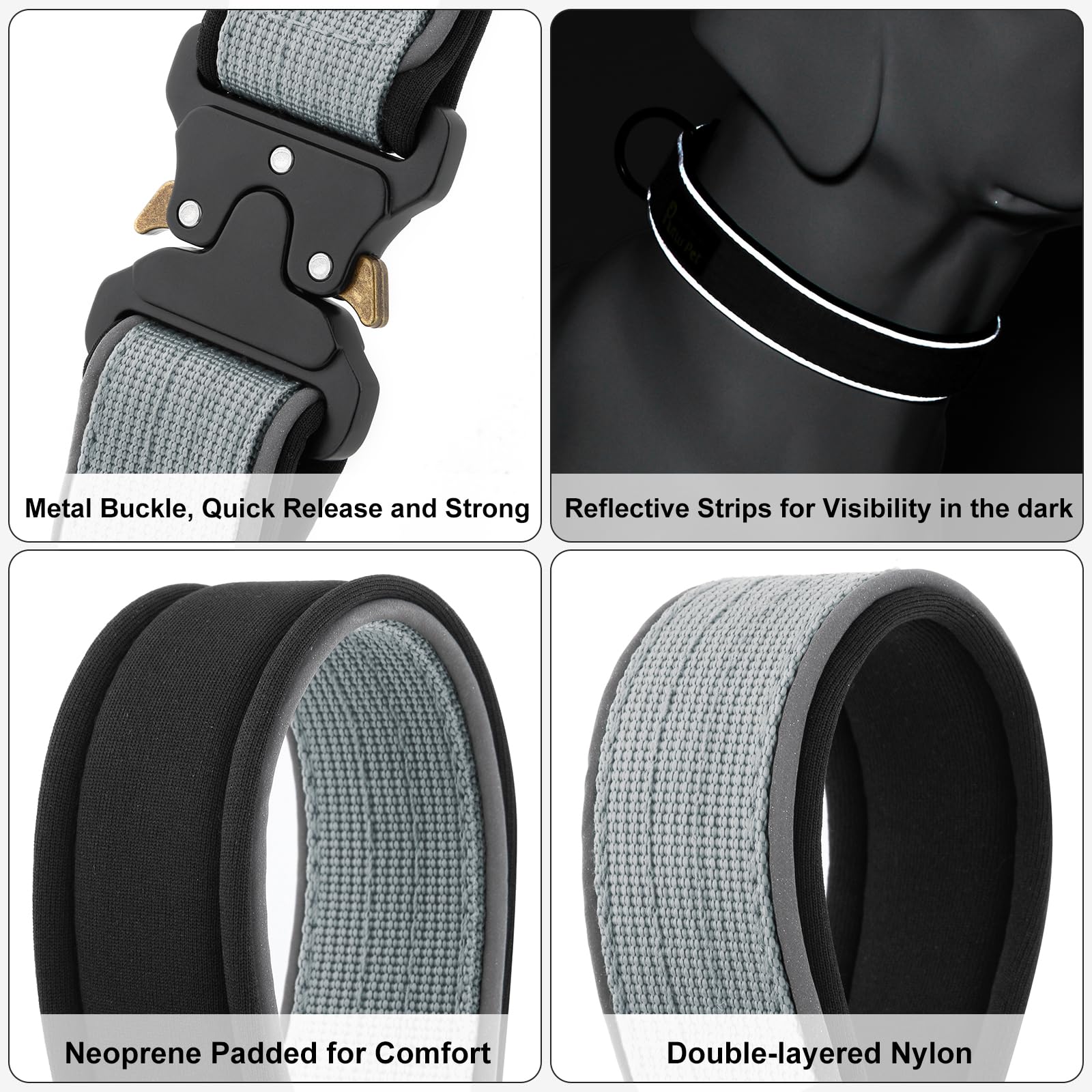 Plutus Pet Tactical Dog Collar – Reflective, Padded, Adjustable for Small to Large Dogs (Gray, Size S)