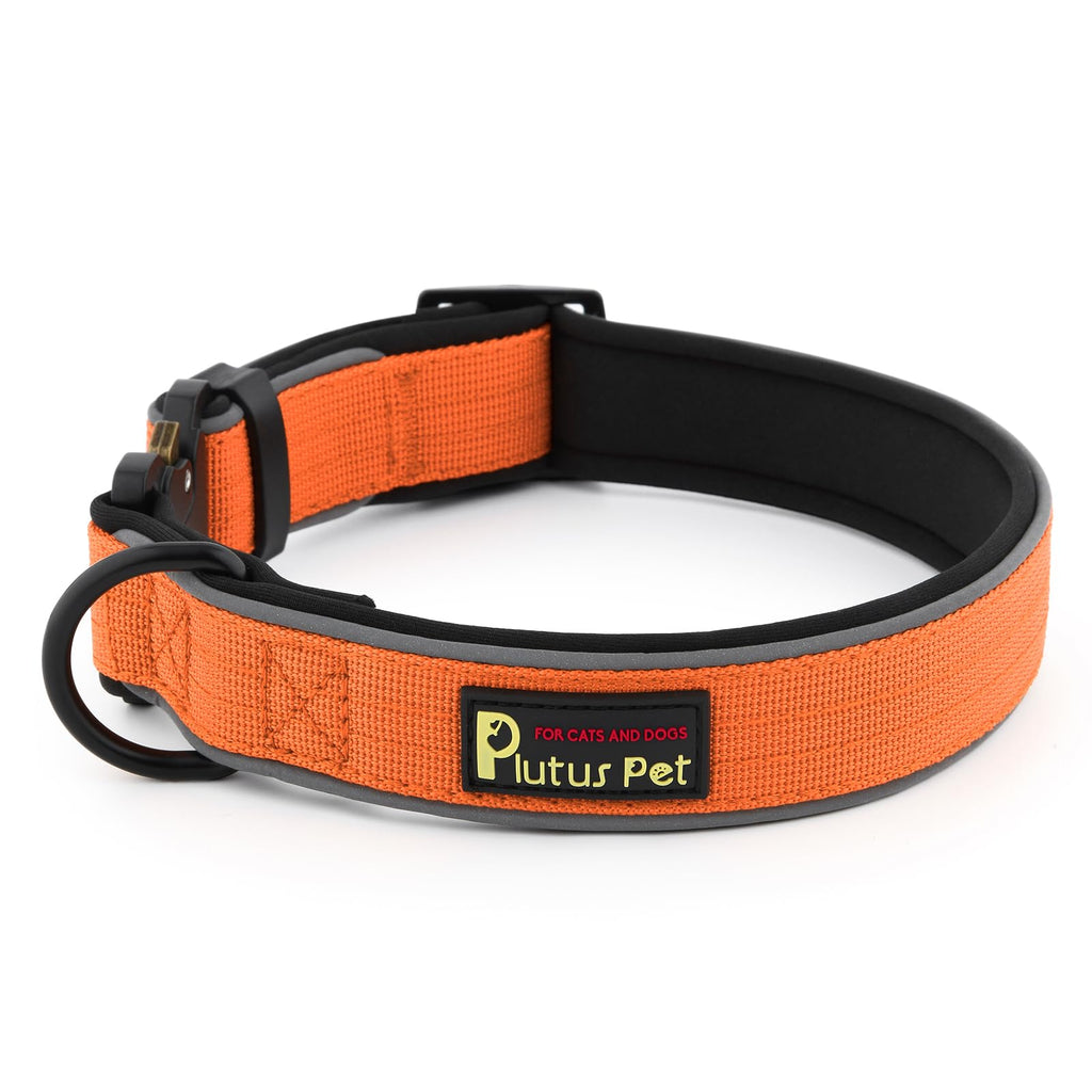 PLUTUS PET Tactical Dog Collar – Reflective, Padded, Heavy Duty Nylon for Small to Large Dogs (Orange, XL)