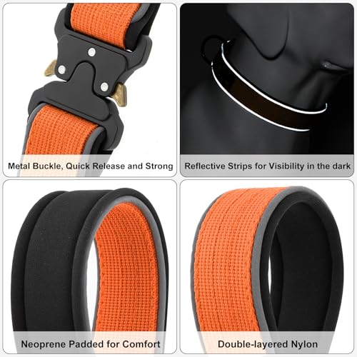 PLUTUS PET Tactical Dog Collar – Reflective, Padded, Heavy Duty Nylon for Small to Large Dogs (Orange, XL)