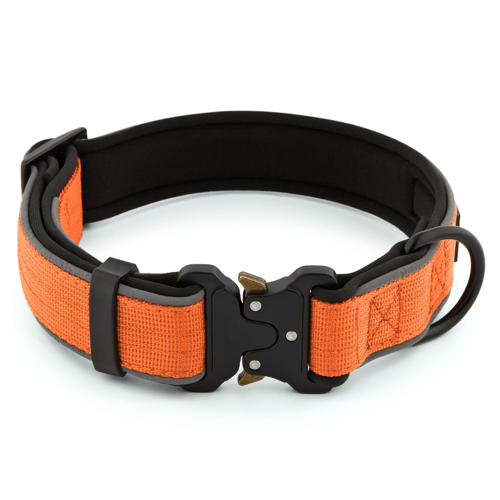 PLUTUS PET Tactical Dog Collar – Reflective, Padded, Heavy Duty Nylon for Small to Large Dogs (Orange, XL)