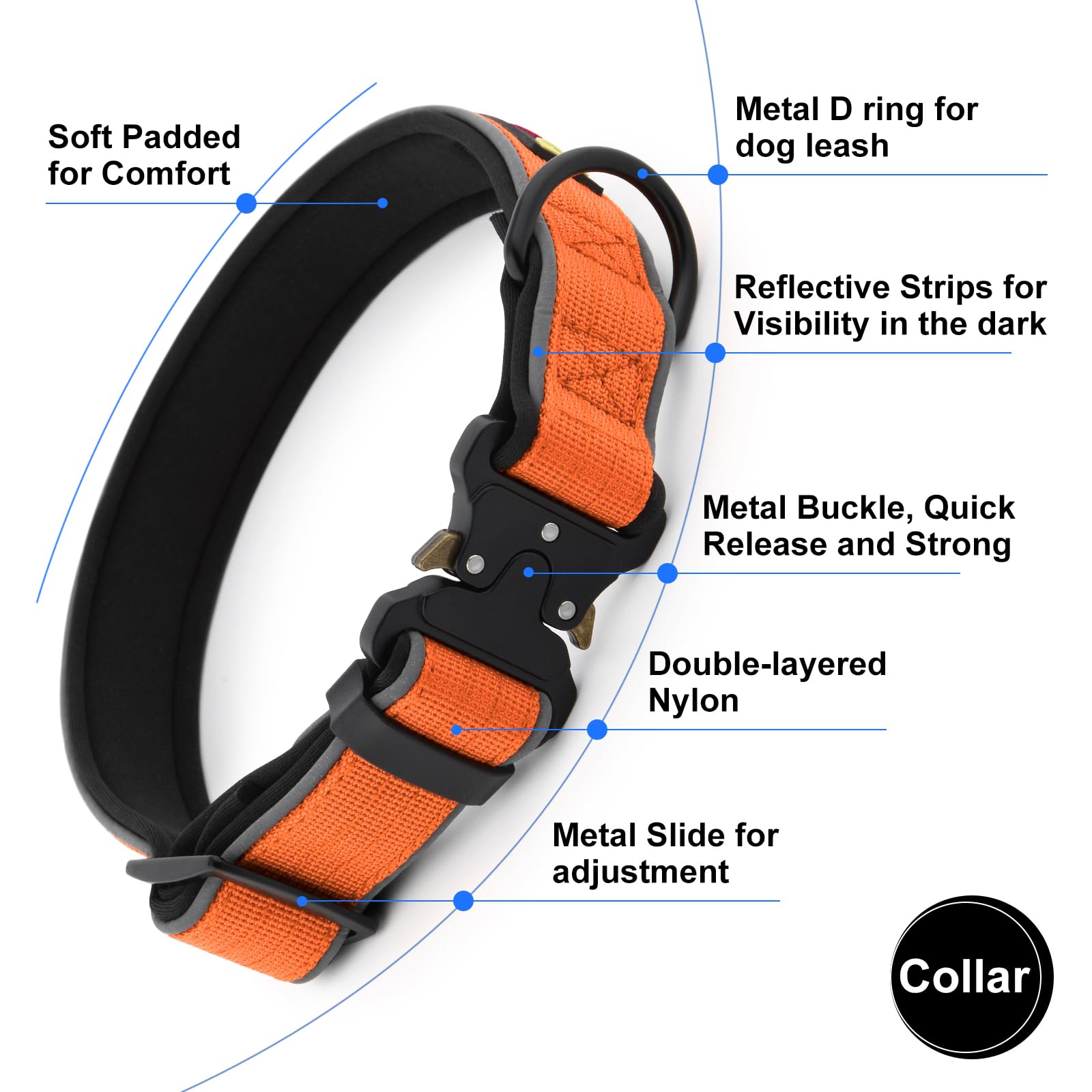 PLUTUS PET Tactical Dog Collar – Reflective, Padded, Heavy Duty Nylon for Small to Large Dogs (Orange, XL)