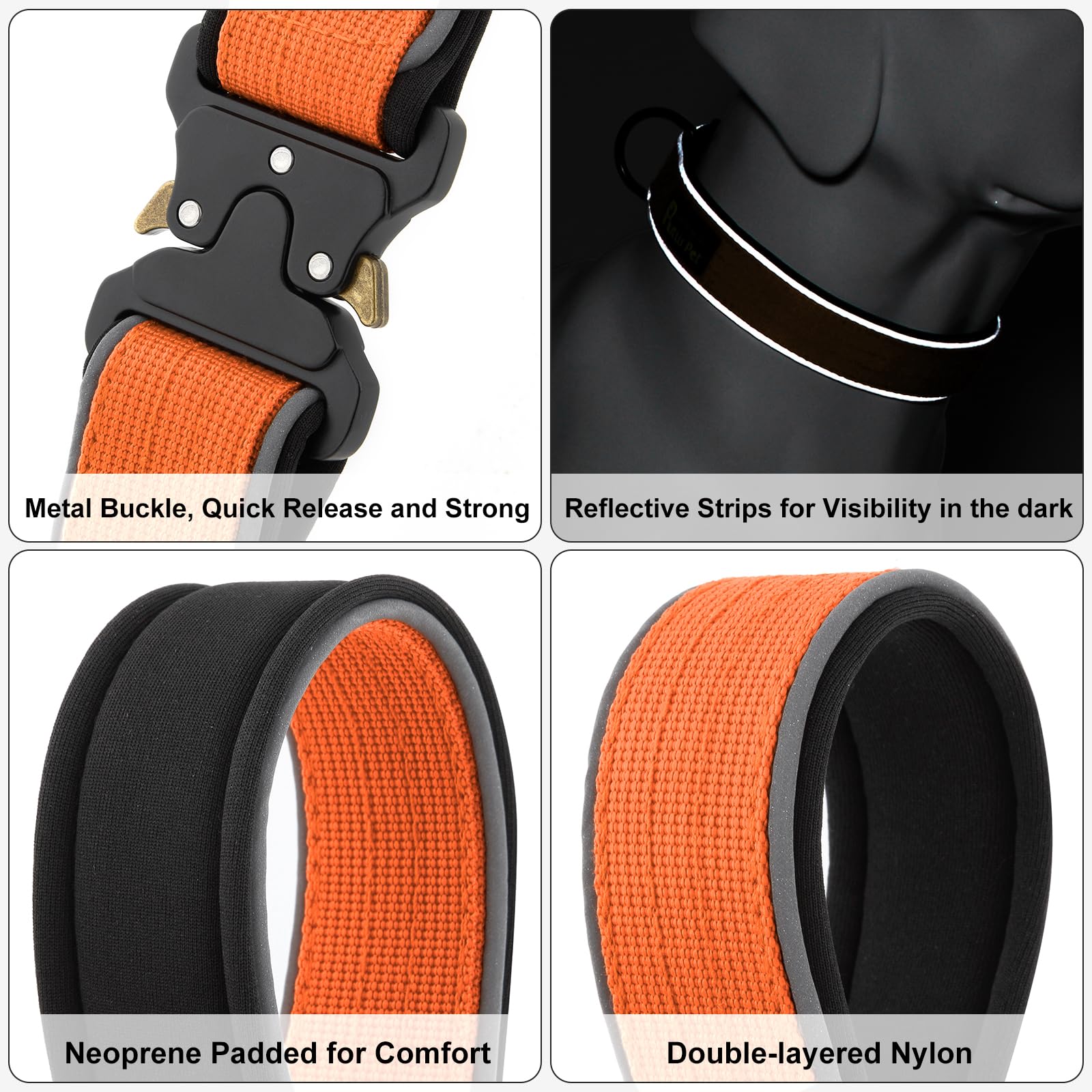 PLUTUS PET Tactical Dog Collar – Reflective, Padded, Heavy Duty Nylon for Small to Large Dogs (Orange, XL)