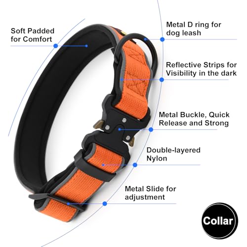 PLUTUS PET Tactical Dog Collar – Reflective, Padded, Heavy Duty Nylon for Small to Large Dogs (Orange, XL)