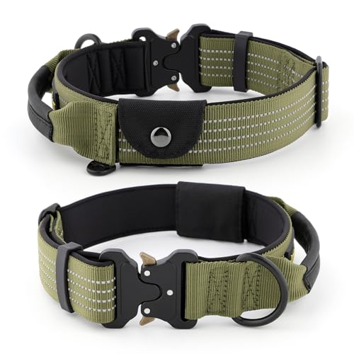 PLUTUS PET Tactical Dog Collar with AirTag Pocket - Ranger Green Size L - Reflective, Padded Nylon, Metal Buckle, Leather Handle