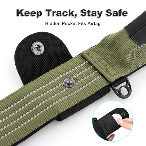 PLUTUS PET Tactical Dog Collar with AirTag Pocket - Ranger Green Size L - Reflective, Padded Nylon, Metal Buckle, Leather Handle