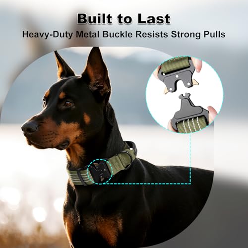 PLUTUS PET Tactical Dog Collar with AirTag Pocket - Ranger Green Size L - Reflective, Padded Nylon, Metal Buckle, Leather Handle
