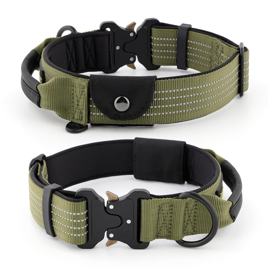 PLUTUS PET Tactical Dog Collar with AirTag Pocket - Ranger Green Size L - Reflective, Padded Nylon, Metal Buckle, Leather Handle