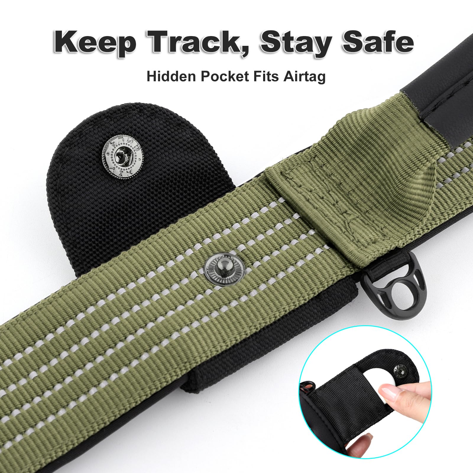 PLUTUS PET Tactical Dog Collar with AirTag Pocket - Ranger Green Size L - Reflective, Padded Nylon, Metal Buckle, Leather Handle