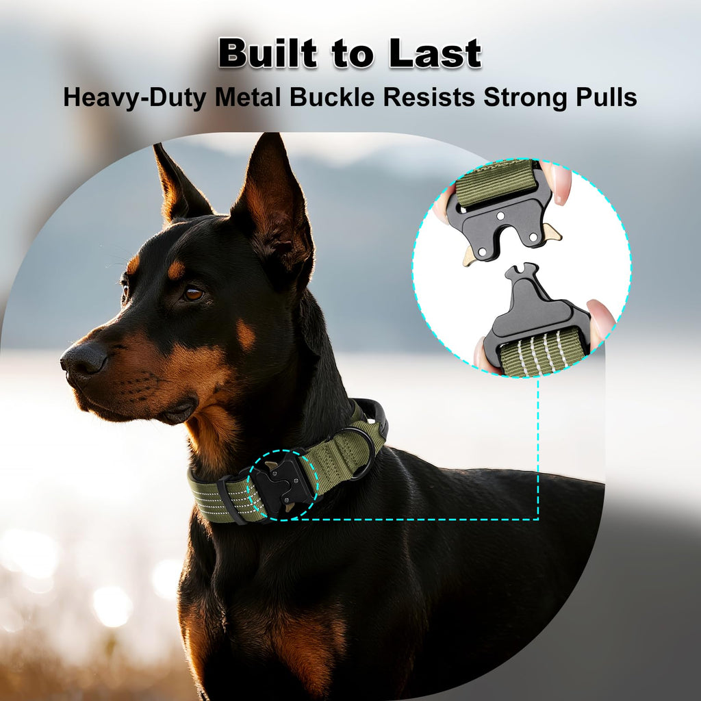 PLUTUS PET Tactical Dog Collar with AirTag Pocket - Ranger Green Size L - Reflective, Padded Nylon, Metal Buckle, Leather Handle