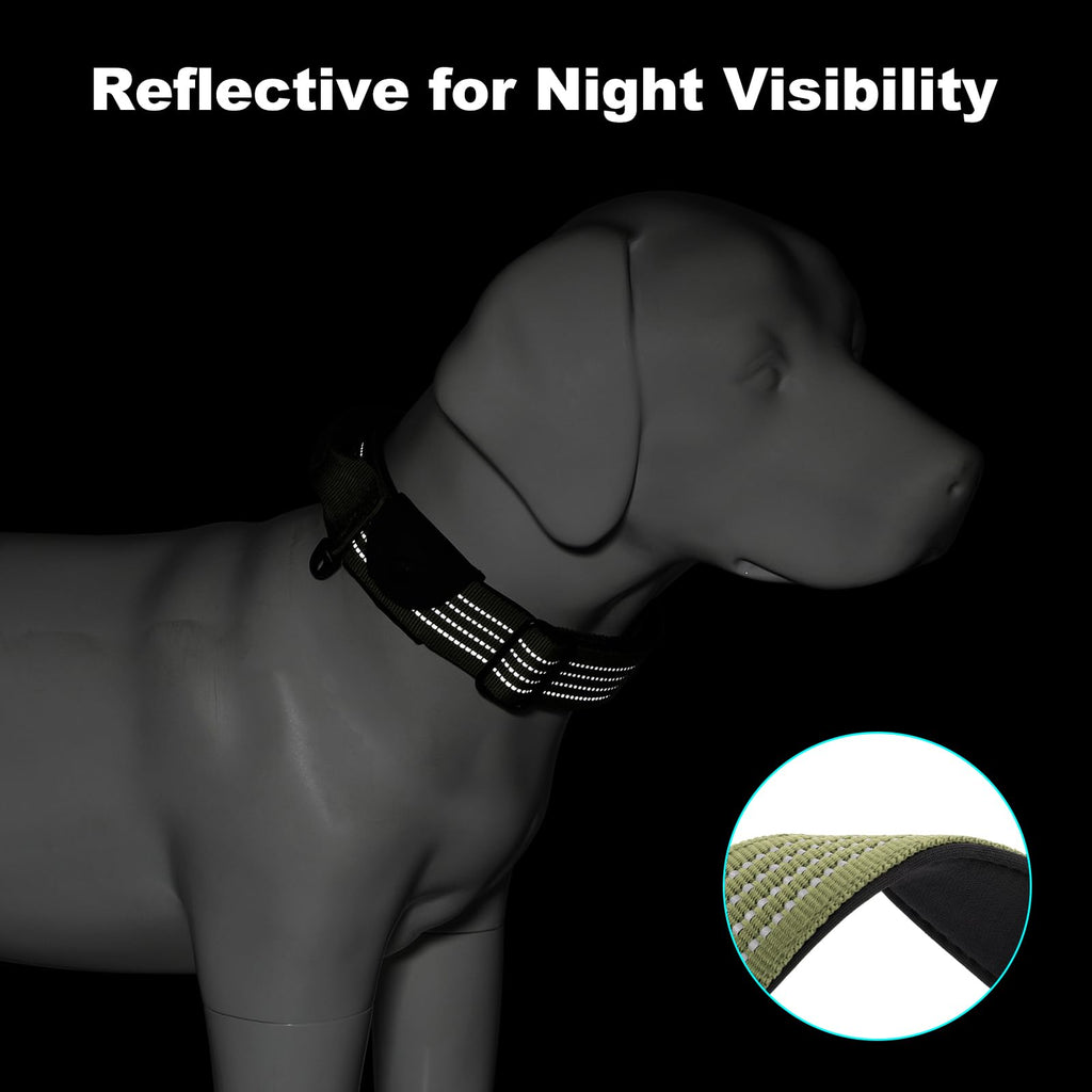 PLUTUS PET Tactical Dog Collar with AirTag Pocket - Ranger Green Size L - Reflective, Padded Nylon, Metal Buckle, Leather Handle