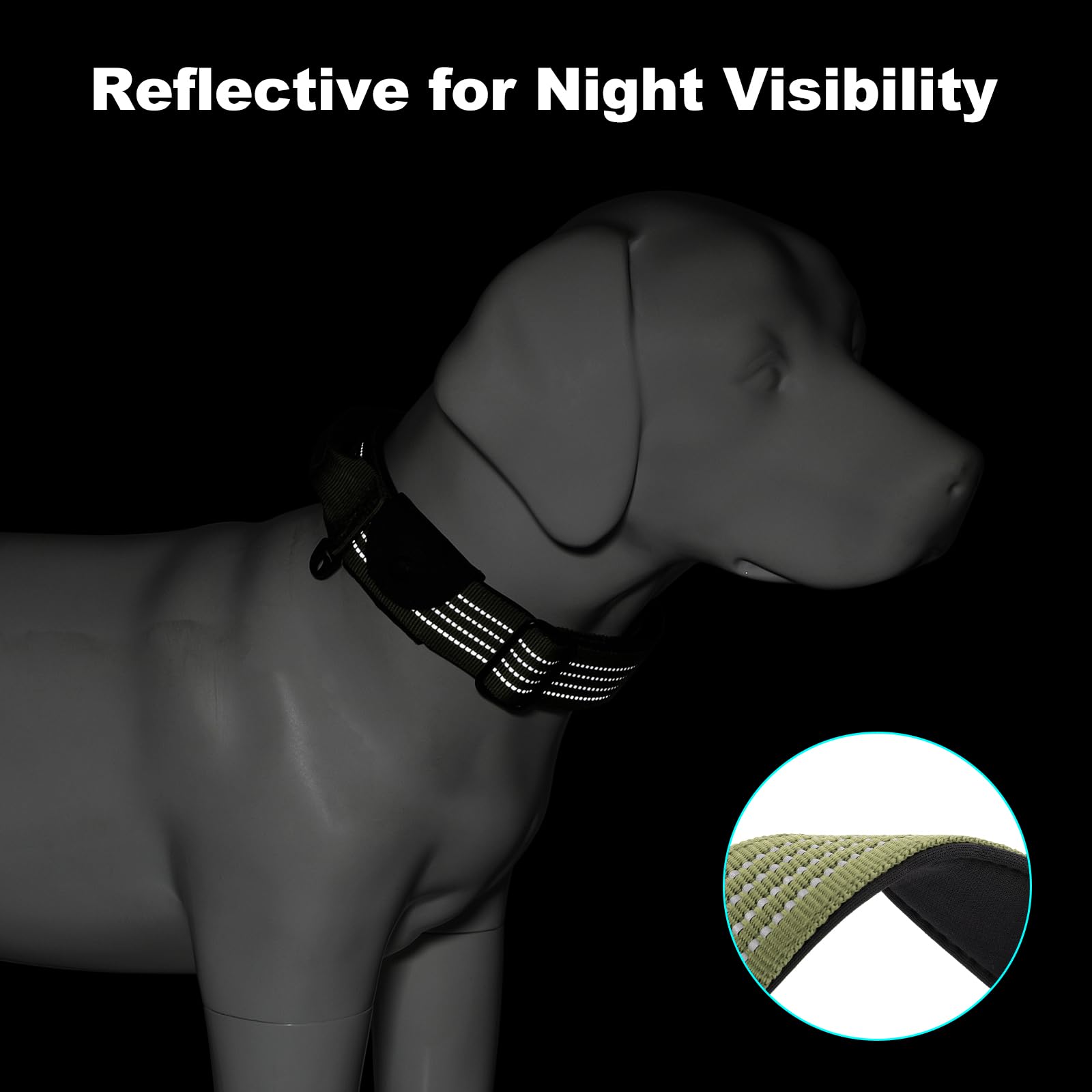 PLUTUS PET Tactical Dog Collar with AirTag Pocket - Ranger Green Size L - Reflective, Padded Nylon, Metal Buckle, Leather Handle