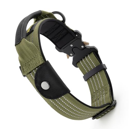 PLUTUS PET Tactical Dog Collar with AirTag Pocket - Ranger Green Size L - Reflective, Padded Nylon, Metal Buckle, Leather Handle