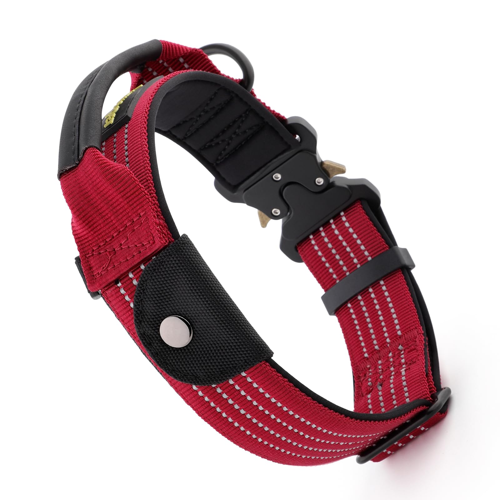 PLUTUS PET Tactical Dog Collar with AirTag Pocket – Red, Size S, Reflective, Padded Nylon, Medium to Large Dogs