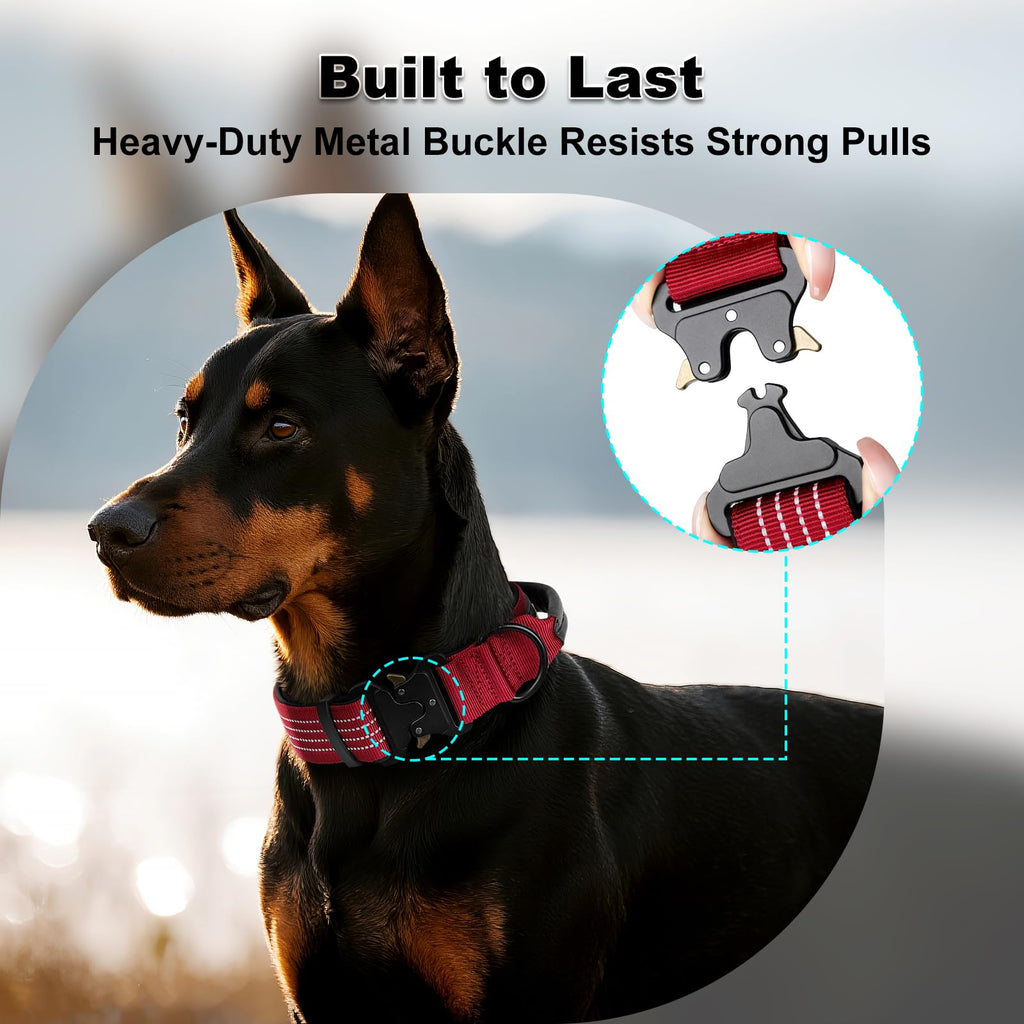 PLUTUS PET Tactical Dog Collar with AirTag Pocket – Red, Size S, Reflective, Padded Nylon, Medium to Large Dogs