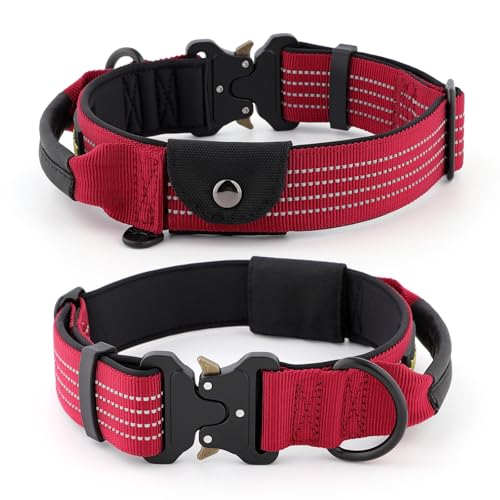 PLUTUS PET Tactical Dog Collar with AirTag Pocket – Red, Size S, Reflective, Padded Nylon, Medium to Large Dogs