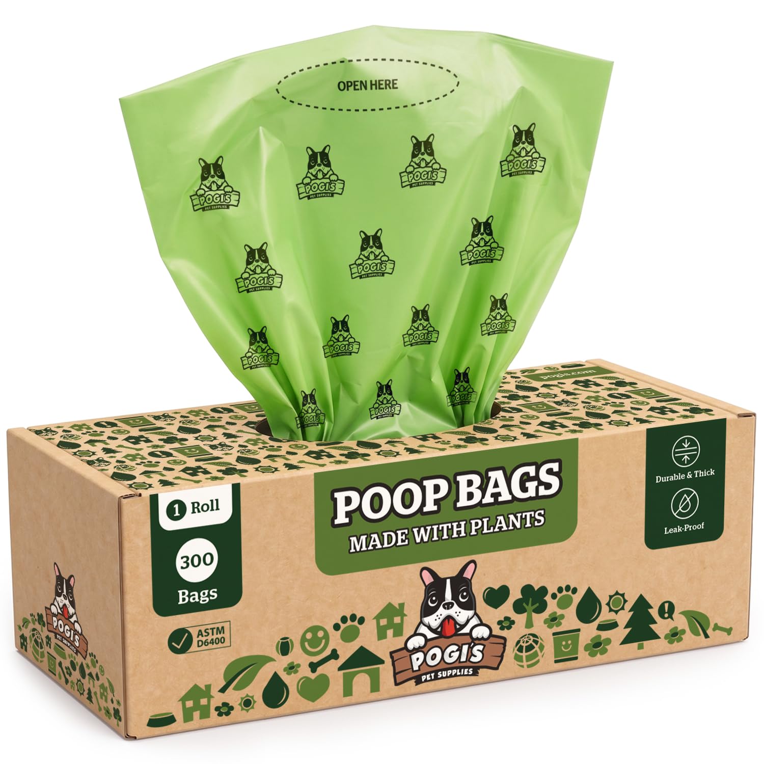 Pogi's Compostable Poop Bags – Extra-Large, Plant-Based, Leak-Proof (300-Count Single Roll)