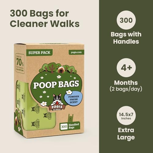 Pogi's Dog Poop Bags with Handles - 300 Extra-Thick Leak-Proof Bags, Powder Fresh Scent