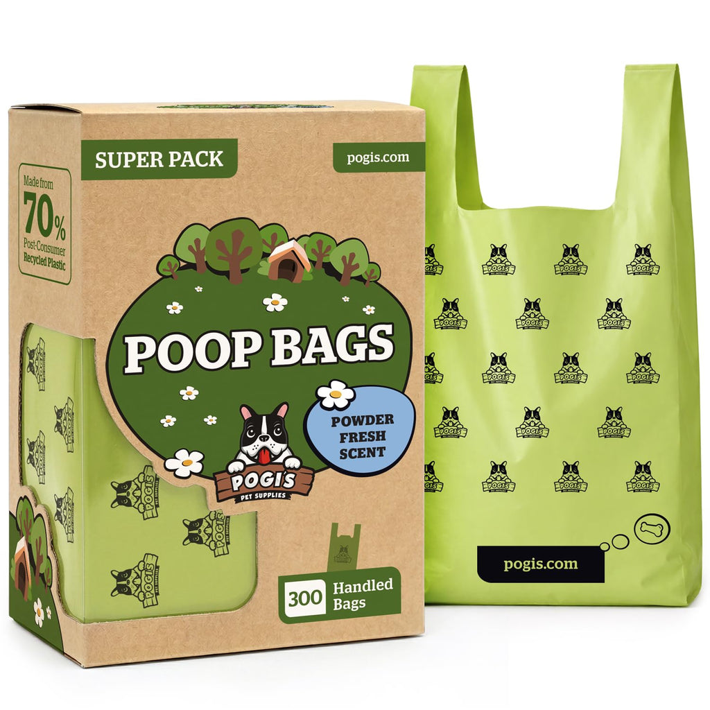 Pogi's Dog Poop Bags with Handles - 300 Extra-Thick Leak-Proof Bags, Powder Fresh Scent
