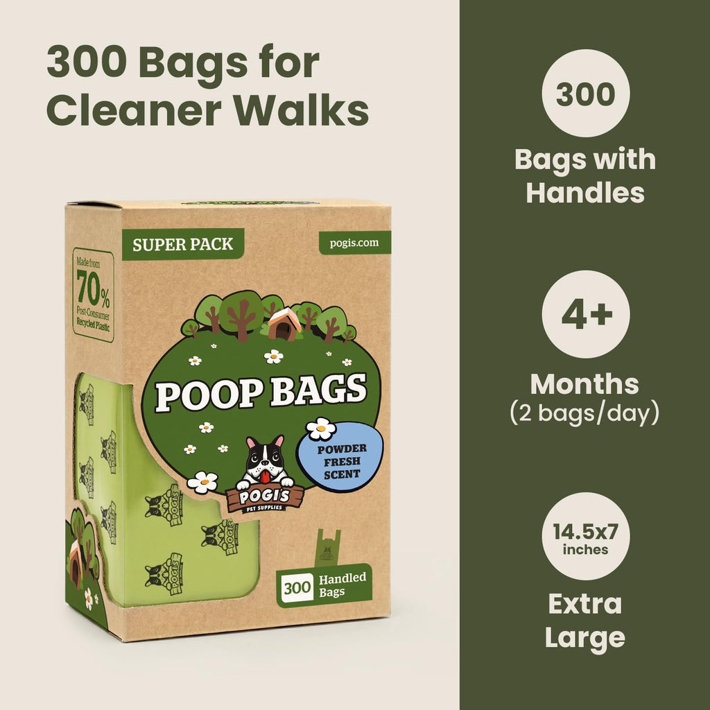 Pogi's Dog Poop Bags with Handles - 300 Extra-Thick Leak-Proof Bags, Powder Fresh Scent