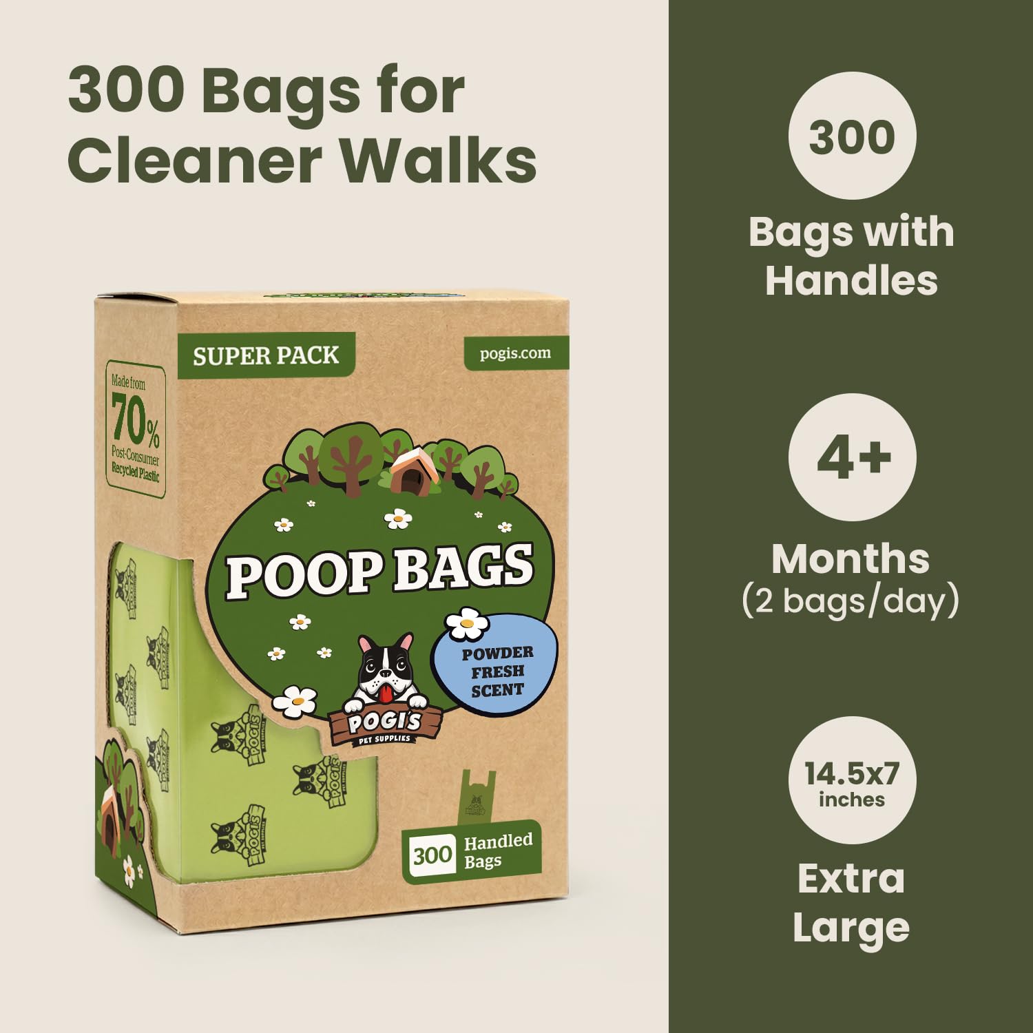 Pogi's Dog Poop Bags with Handles - 300 Extra-Thick Leak-Proof Bags, Powder Fresh Scent