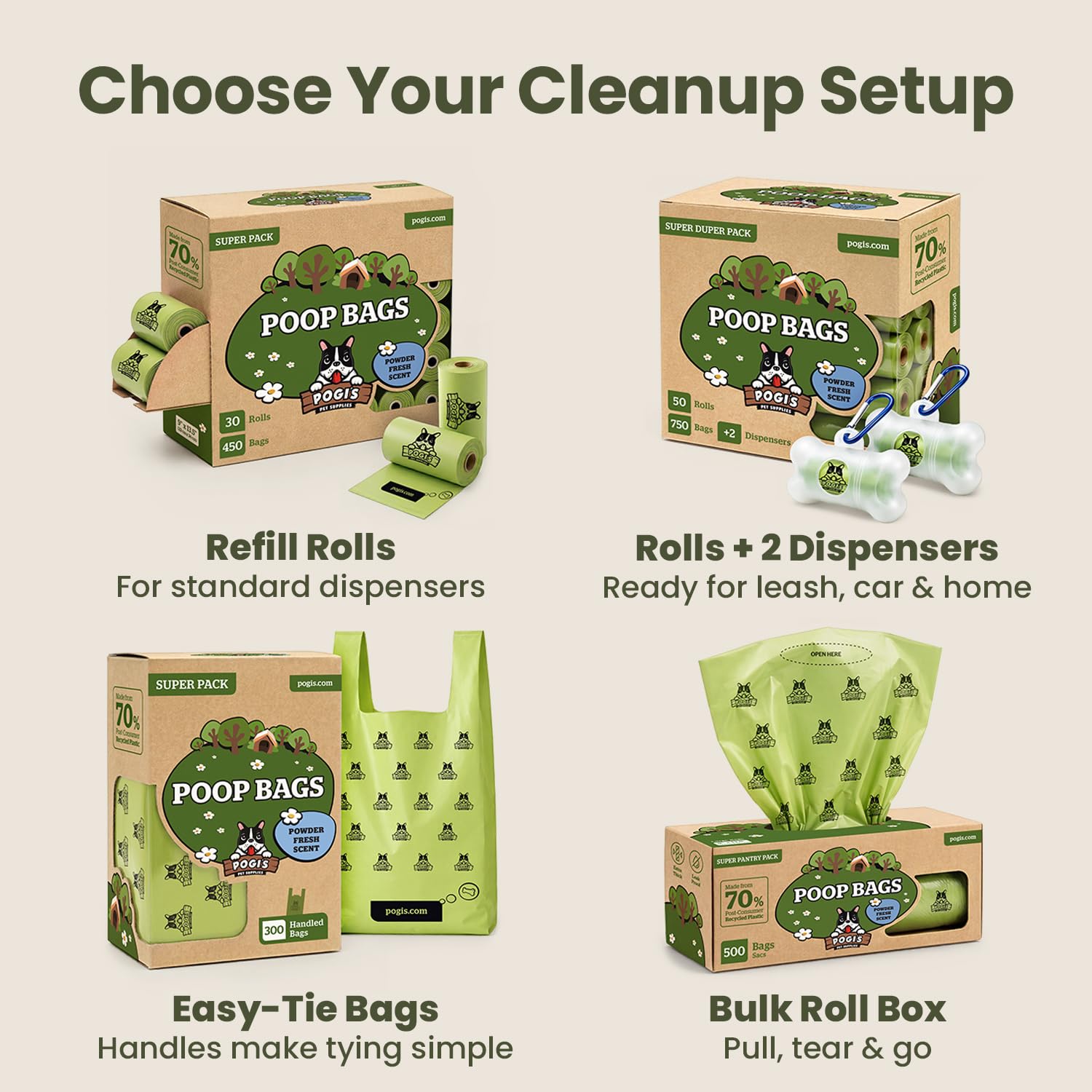Pogi's Dog Poop Bags with Handles - 300 Extra-Thick Leak-Proof Bags, Powder Fresh Scent