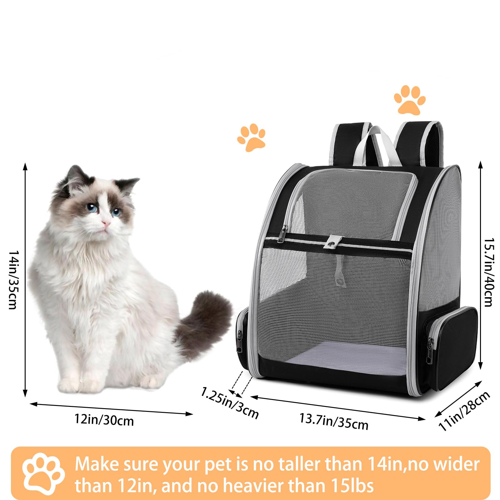 Pollason Pet Backpack Carrier for Cats and Small Dogs up to 15 lbs - Collapsible Travel Backpack with Mesh Ventilation (Black)
