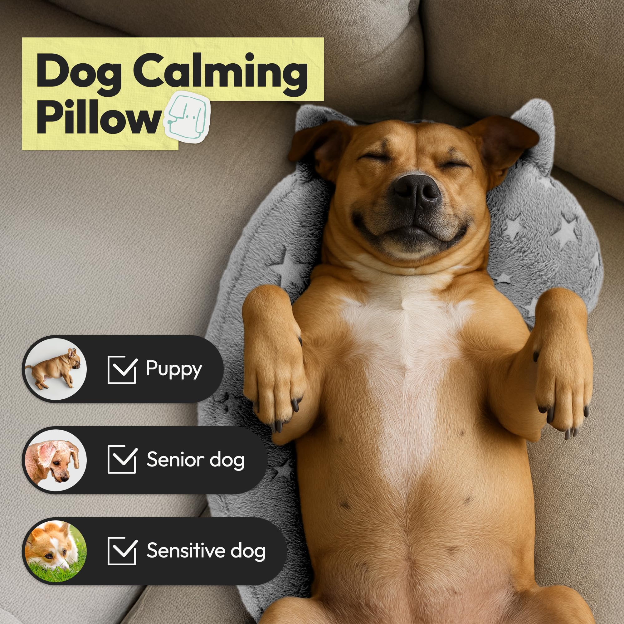 POMESEA Dog Calming Pillow - Glow in the Dark Question Mark Shape, Soft Plush, Washable Bed Pillow for Dogs Kids Adults (Medium, Light Gray)