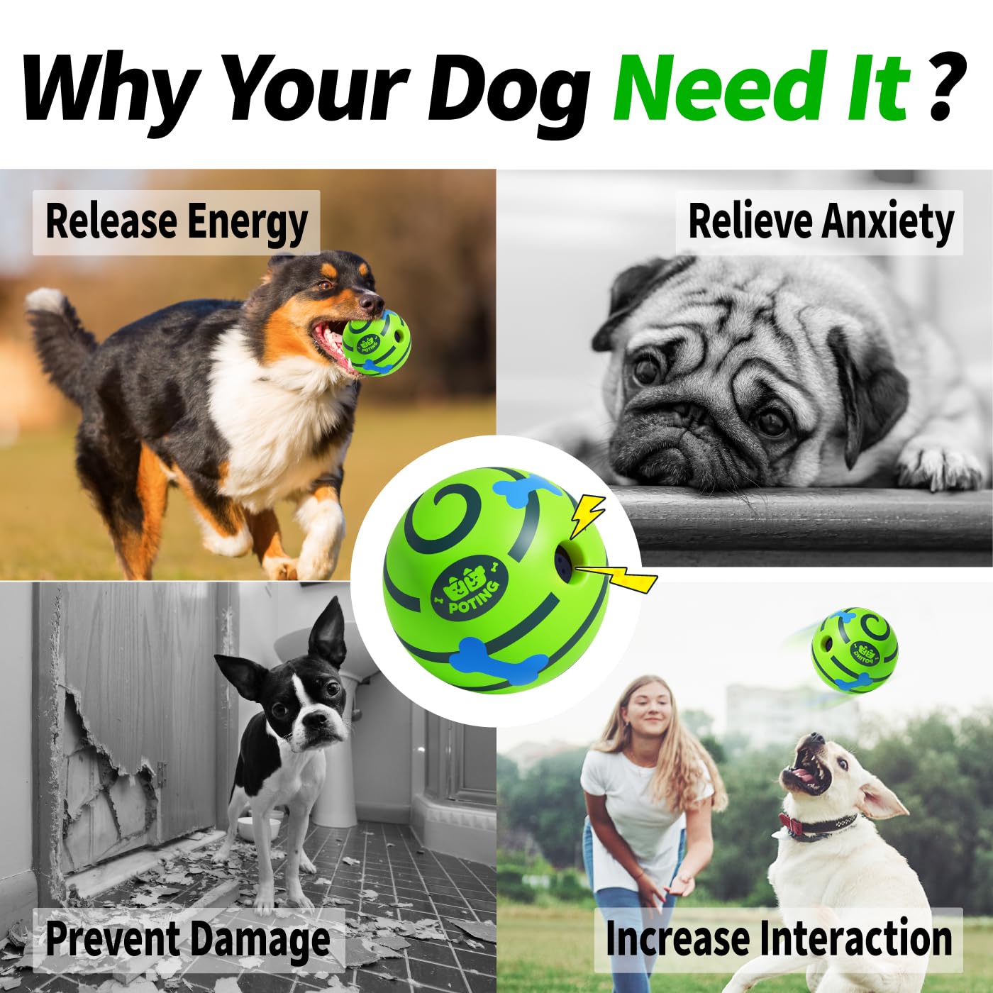 POTING Giggle Ball for Dogs 2 Pack - Interactive Squeaky Toy with Funny Sound, 3.14 Inch