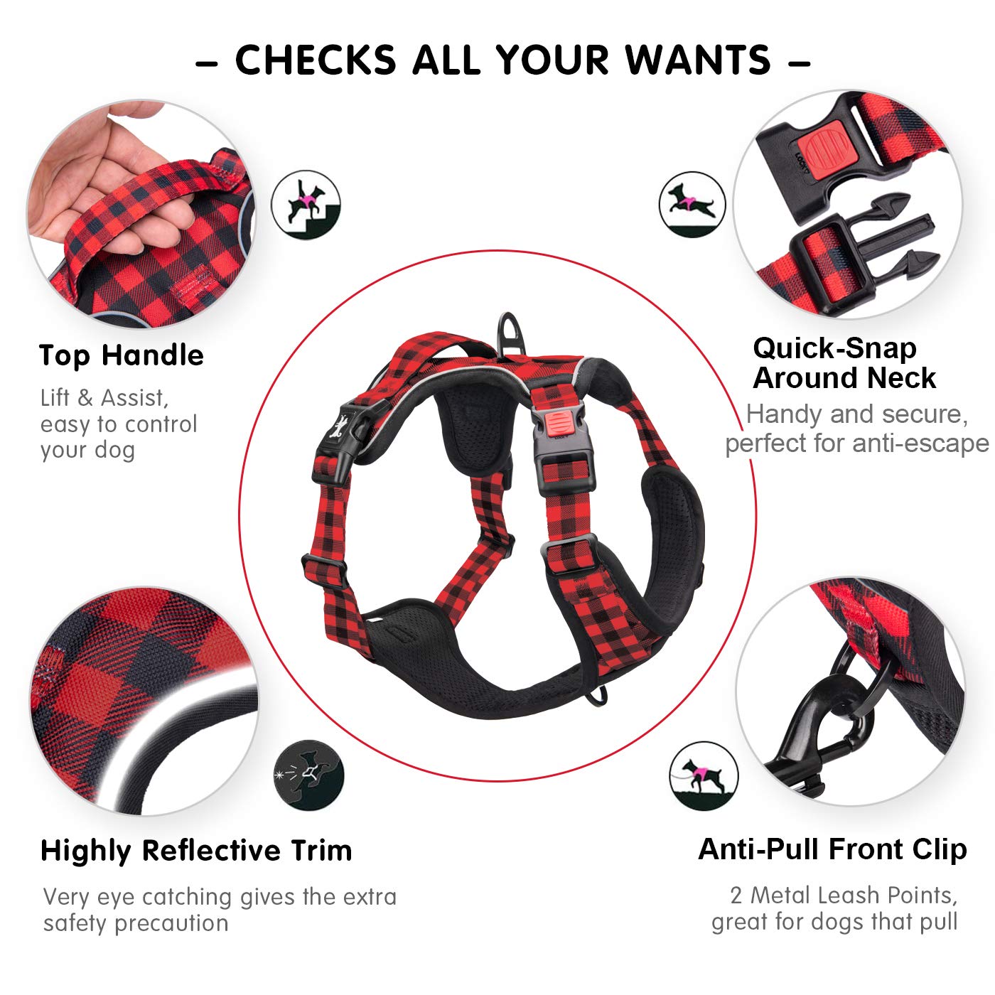 PoyPet No Pull Dog Harness, Checkered Red XS – Reflective Vest with Front & Back Leash Attachments