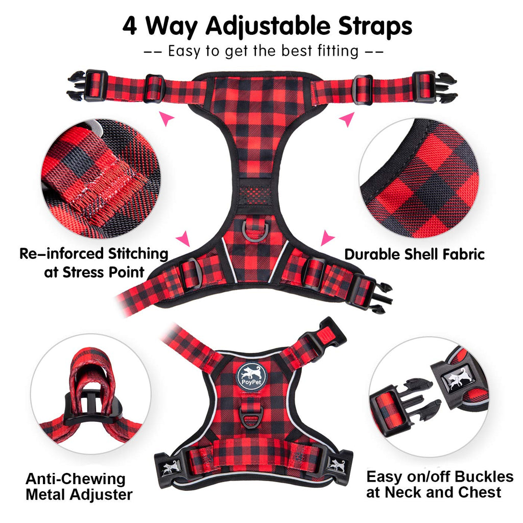 PoyPet No Pull Dog Harness, Checkered Red XS – Reflective Vest with Front & Back Leash Attachments