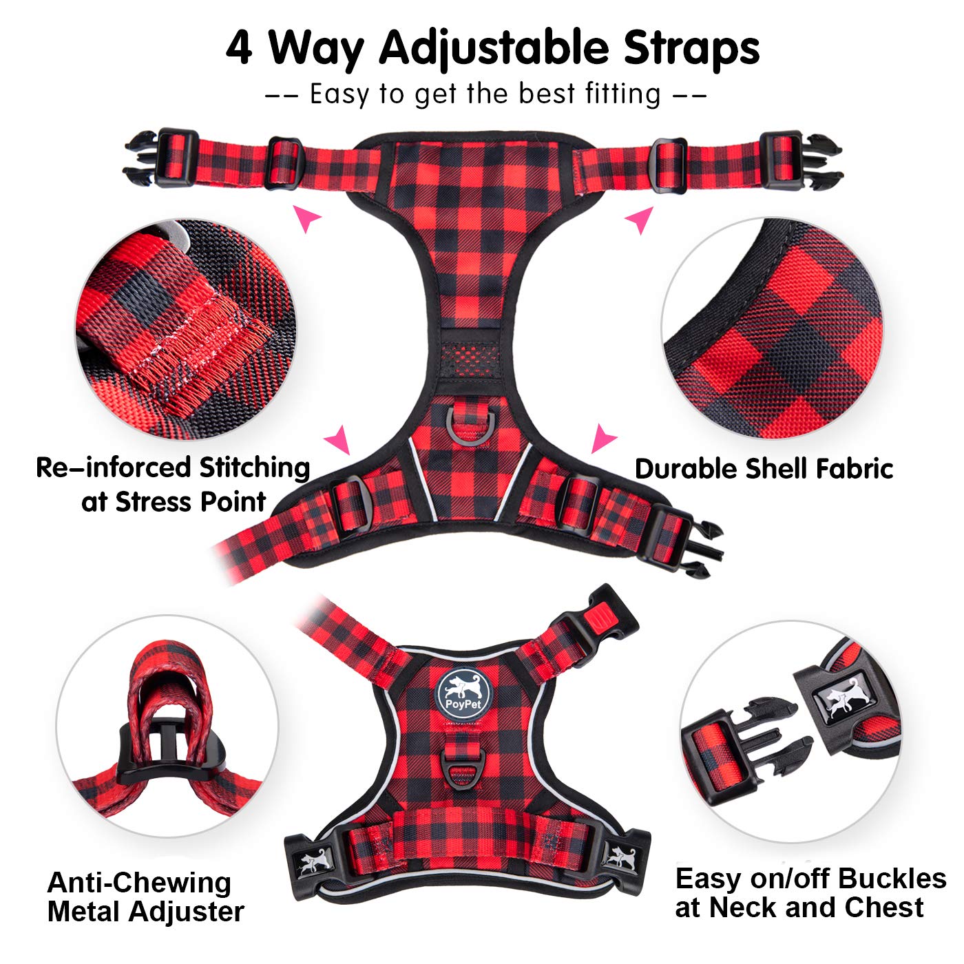 PoyPet No Pull Dog Harness, Checkered Red XS – Reflective Vest with Front & Back Leash Attachments