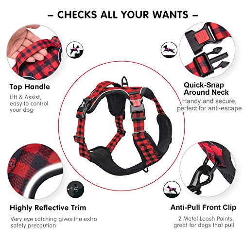 PoyPet No Pull Dog Harness, Checkered Red XS – Reflective Vest with Front & Back Leash Attachments