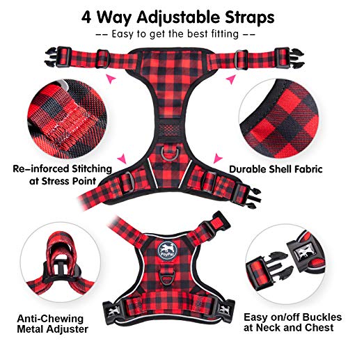 PoyPet No Pull Dog Harness, Checkered Red XS – Reflective Vest with Front & Back Leash Attachments