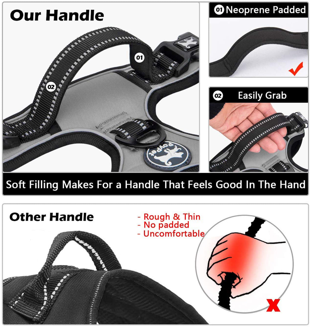 PoyPet No Pull Dog Harness, Grey, XS - Reflective Soft Padded Vest with Front Lead and Control Handle