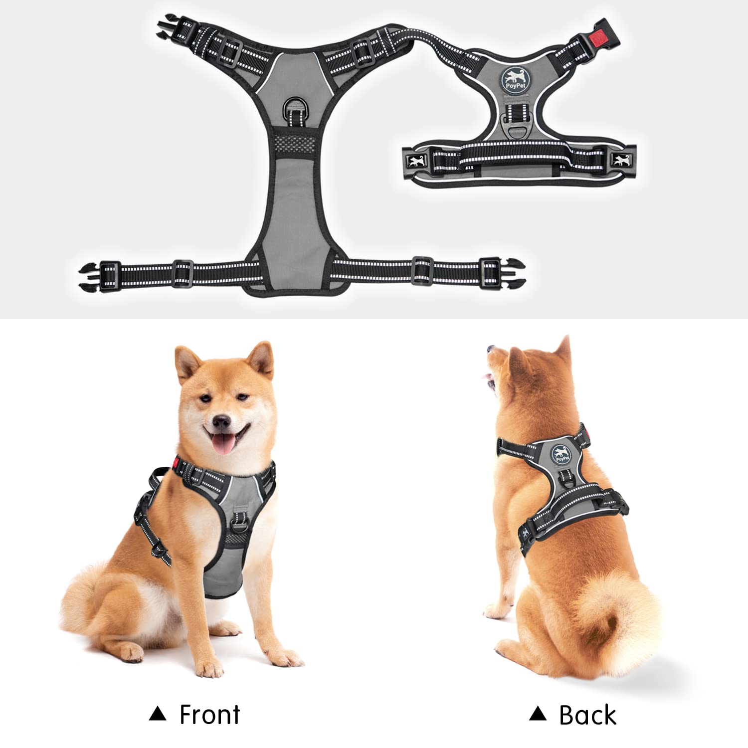 PoyPet No Pull Dog Harness, Grey, XS - Reflective Soft Padded Vest with Front Lead and Control Handle