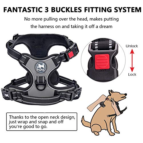PoyPet No Pull Dog Harness, Grey, XS - Reflective Soft Padded Vest with Front Lead and Control Handle